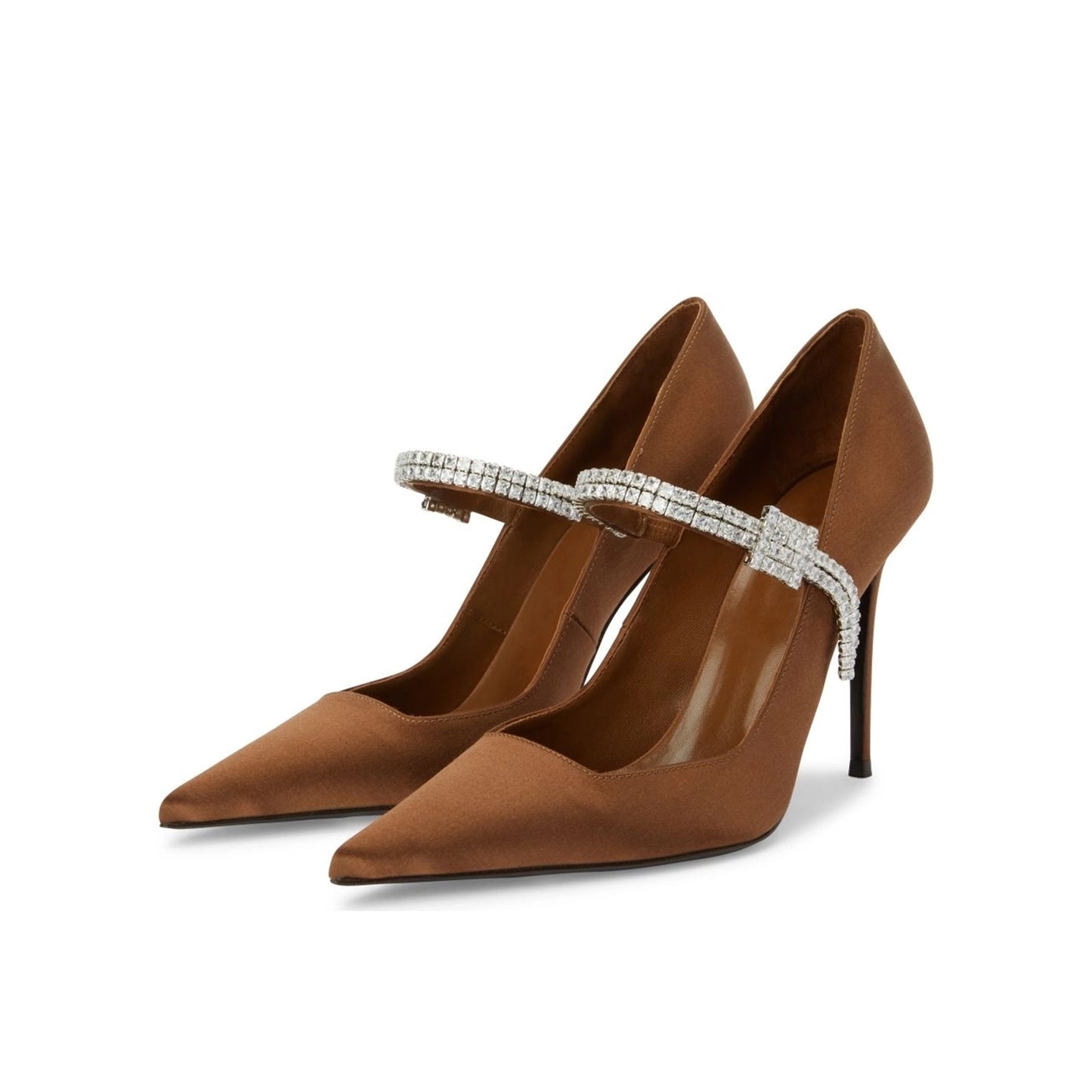 Brown Satin Pointed-Toe Bridge Strap With Crystals High Heels