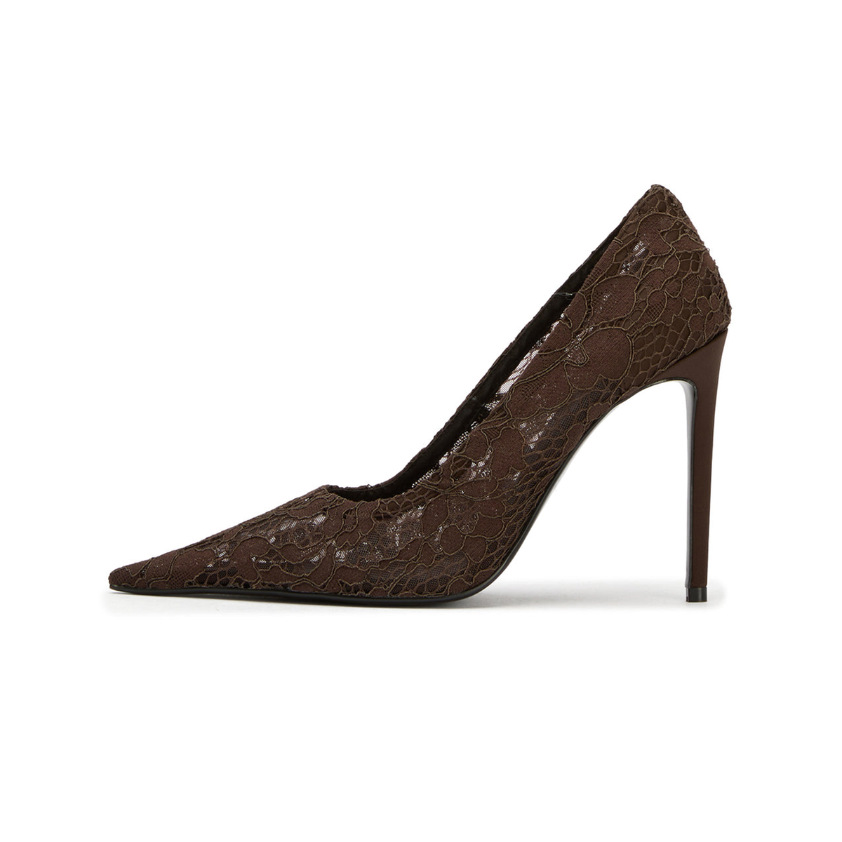 Chocolate Lace Mesh Pointed-Toe Slip-On High Heels Pumps