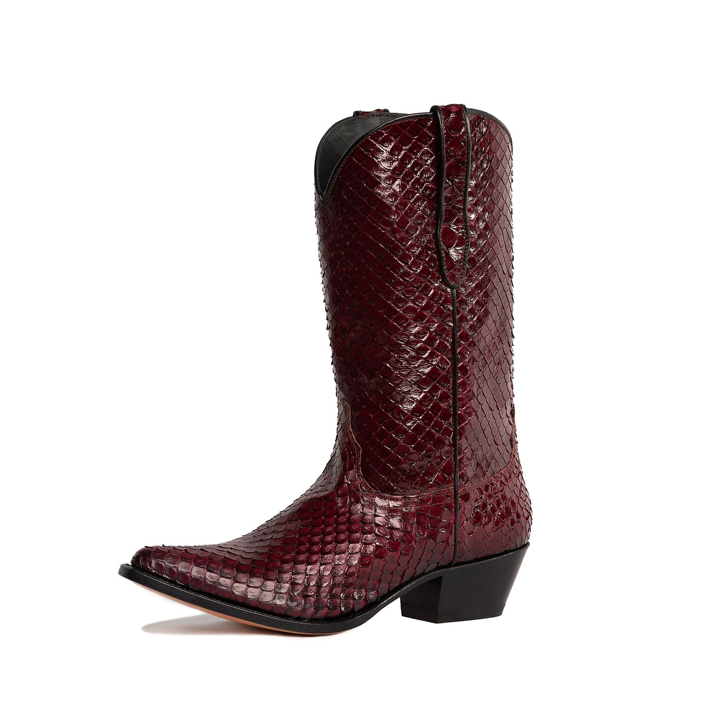 Burgundy Snakeskin Print Snip-Toe Simple Mid Calf Cowgirl Boots