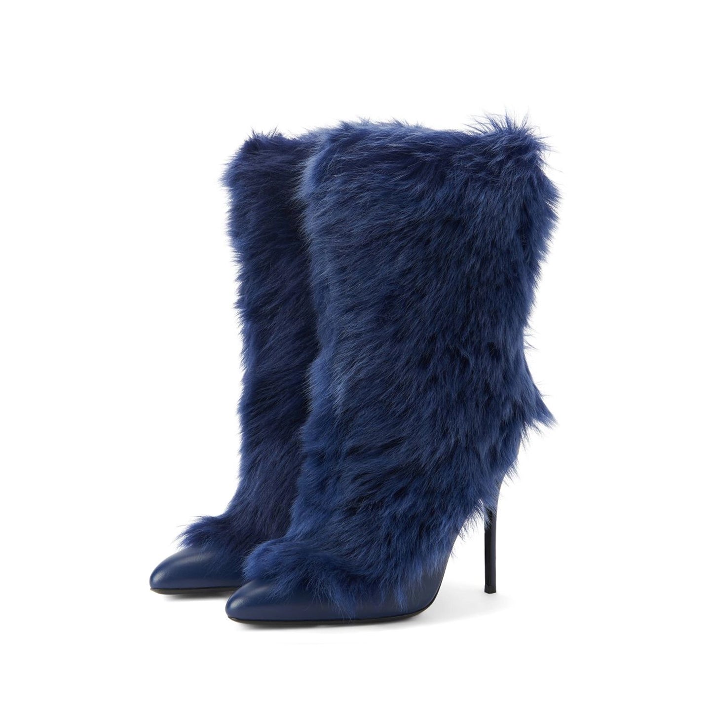 Blue Pointed-Toe Full Plush Mid Calf Stiletto Boots