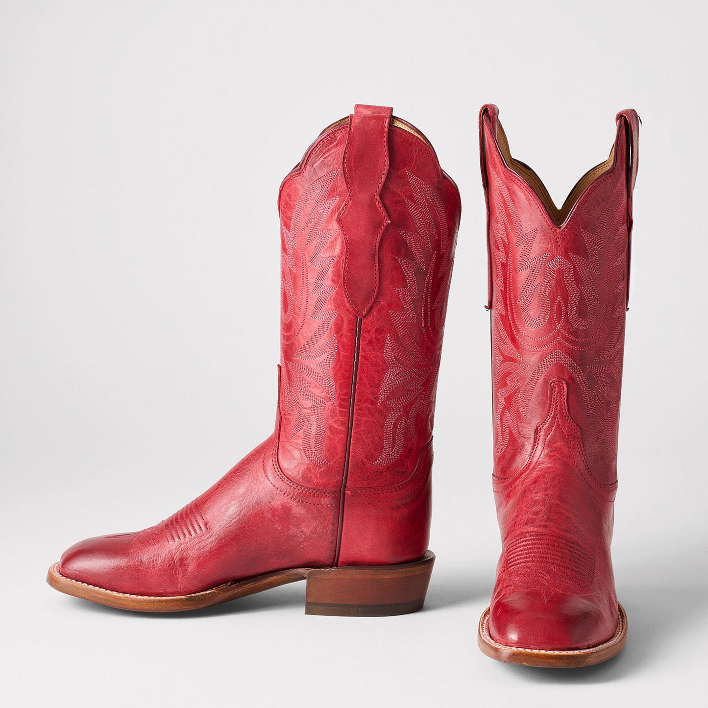 Red Square-Toe Delicate Embroidery Classic Mid Calf Cowgirl Boots