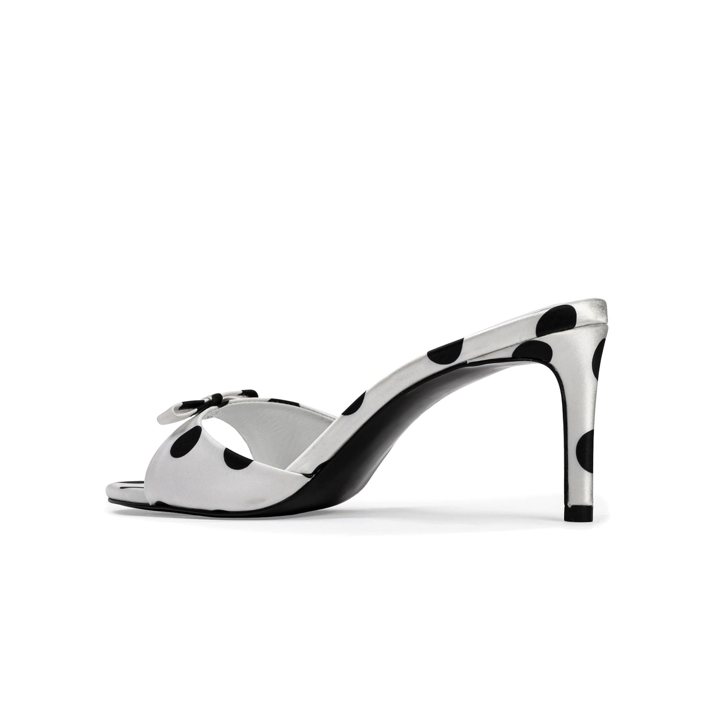 White Satin Polka Dot Open Round-Toe Backless Kitten Heels