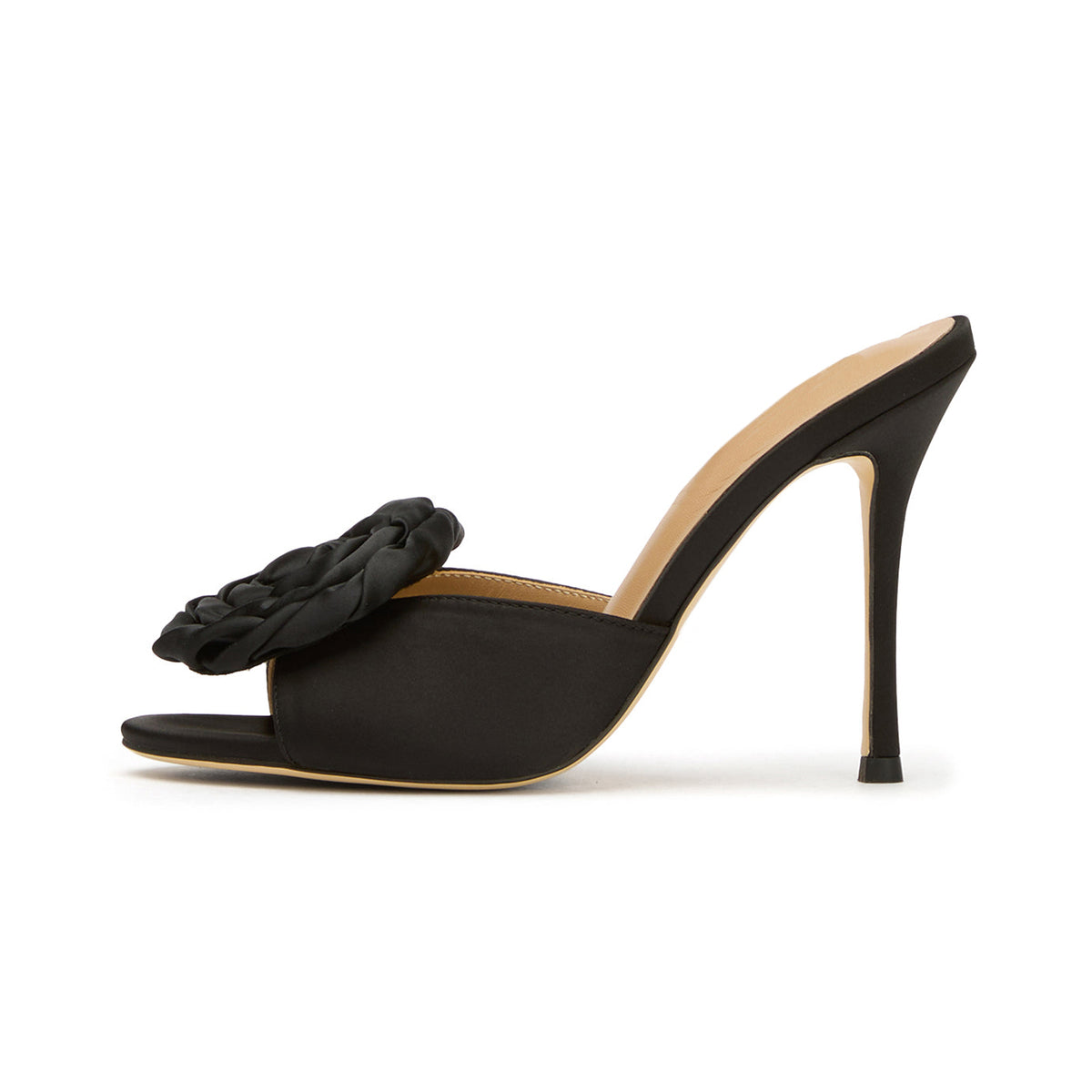 Black Satin Round-Toe Front Big Rose Backless High Heels