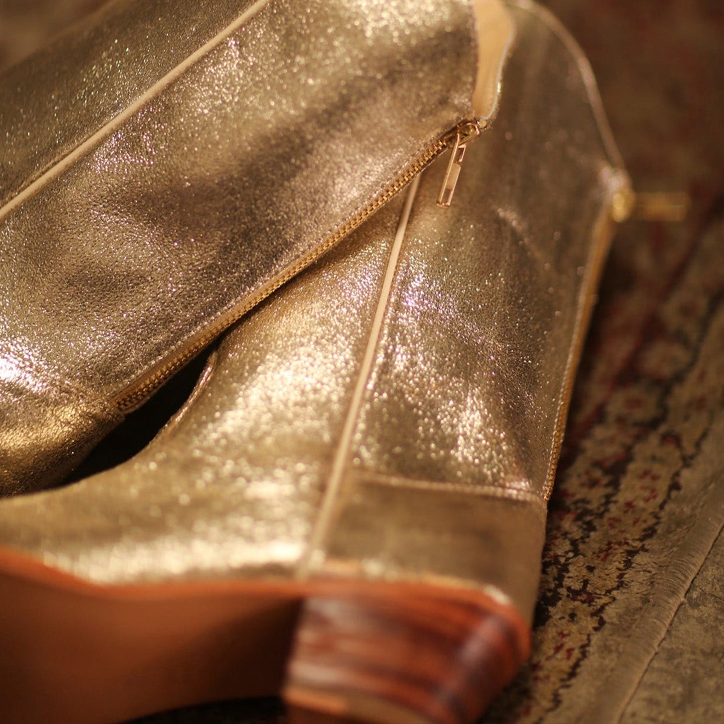 Metallic Gold Almond-Toe Simple Back Full-Zip Mid Calf Cowgirl Boots