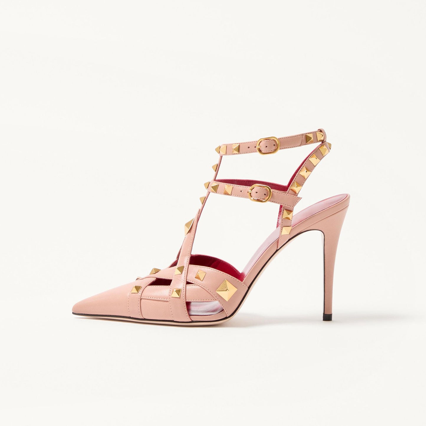 Pink Pointed-Toe Studded Strappy Ankle Strap High Heels