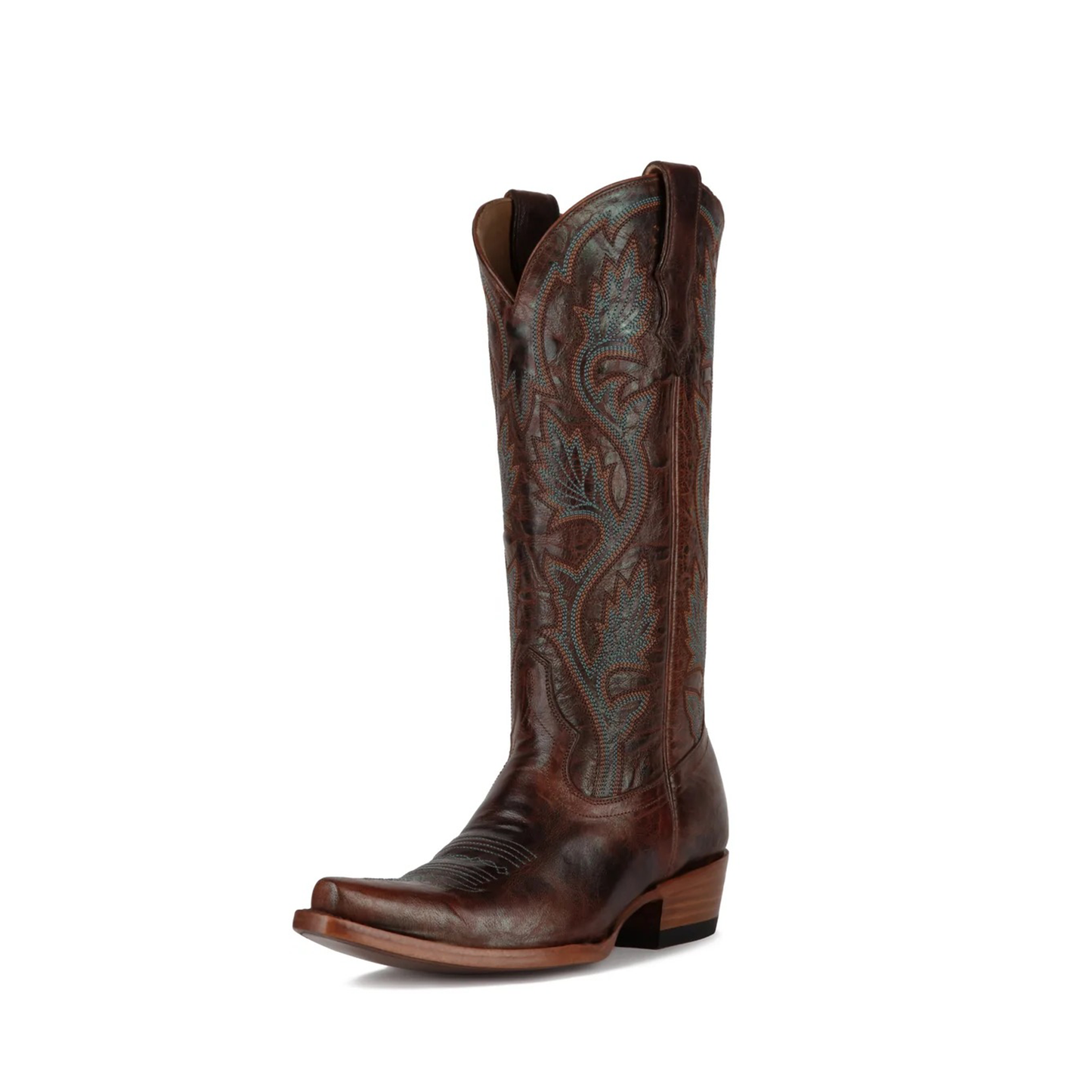 Cognac Snip-Toe Turquoise Plant Embroidery Mid Calf Cowgirl Boots