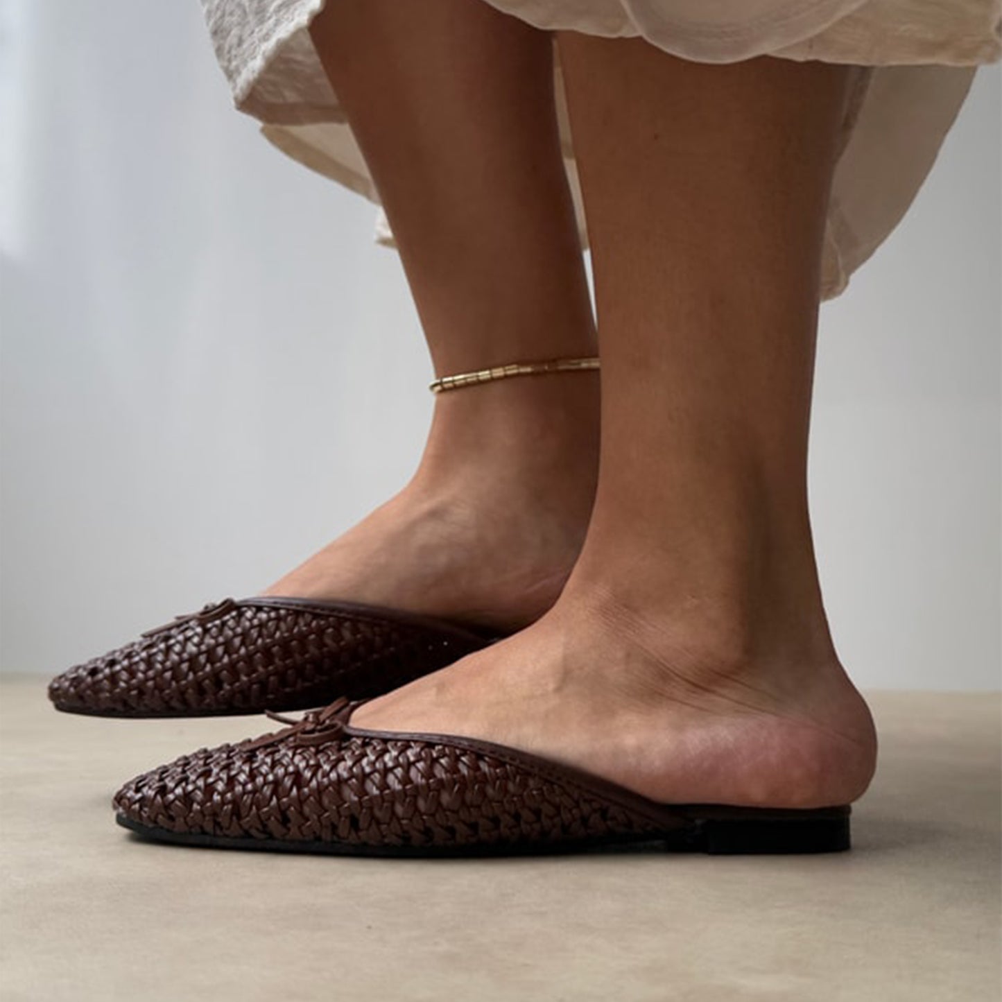 Coffee Woven Vegan Leather Square-Toe Front Bow Backless Chic Flats
