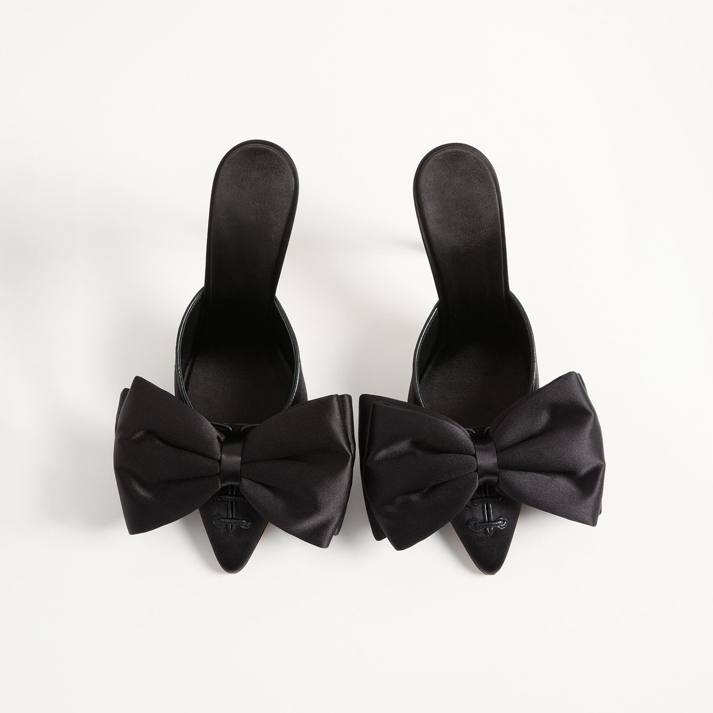 Black Satin Pointed-Toe Big Front Bow Backless Mule High Heels