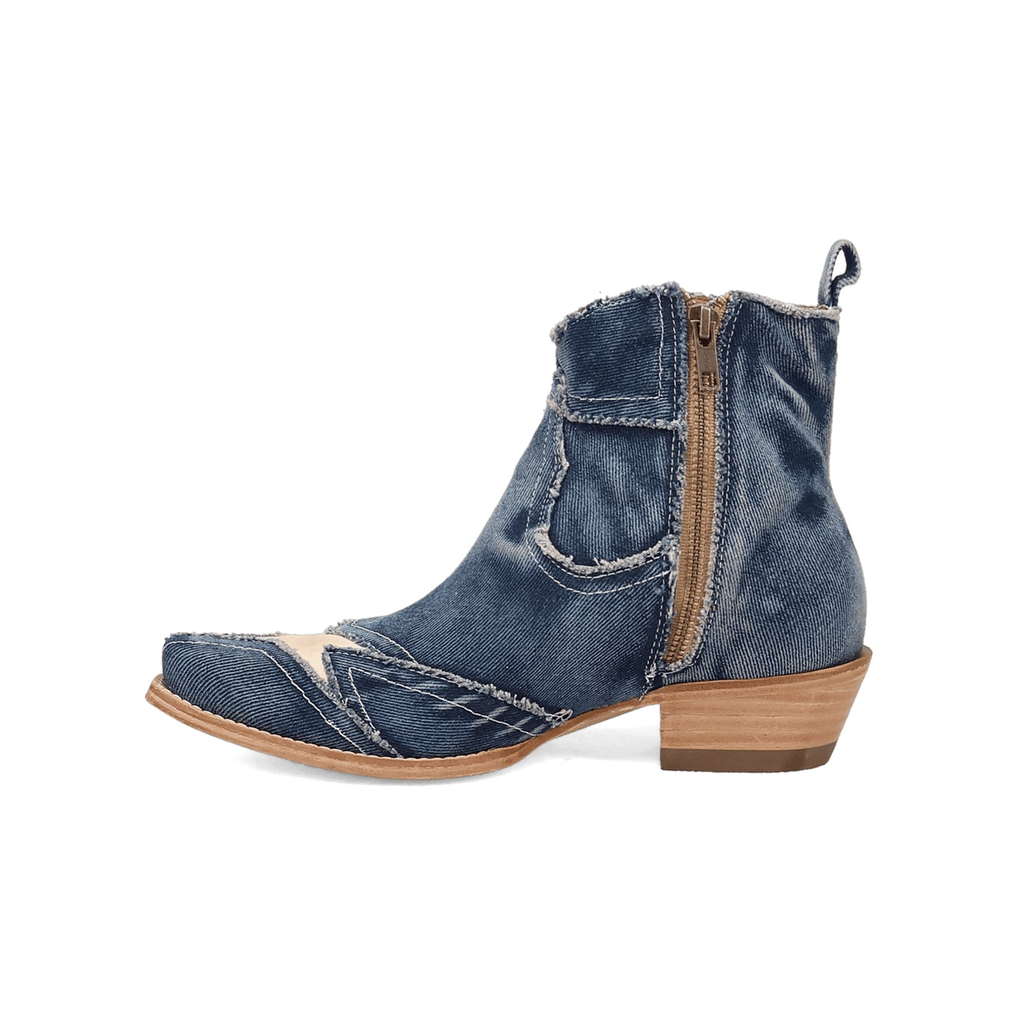 Blue Denim Snip-Toe Vegan Leather Star Inlay Full-Zip Ankle Cowgirl Boots