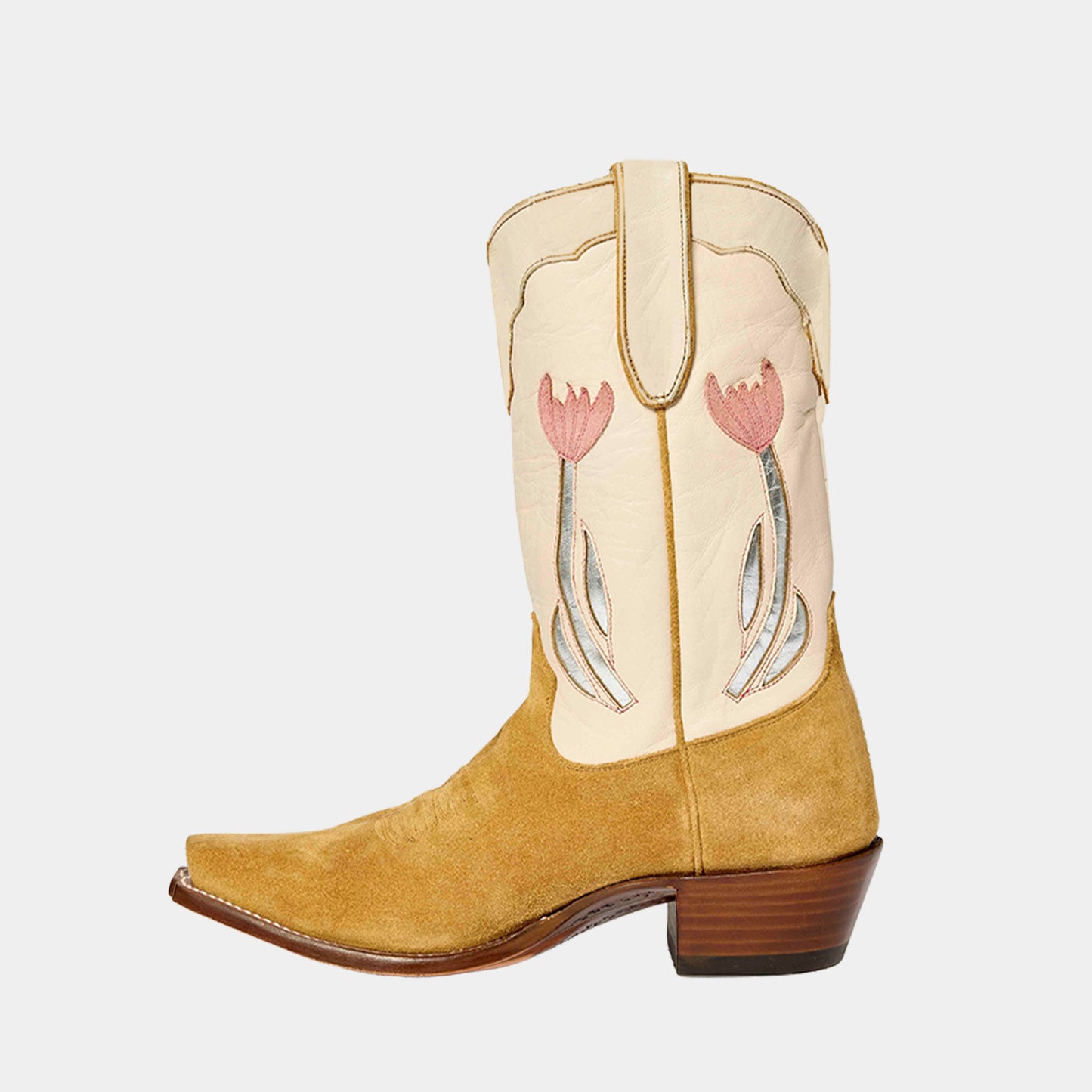 Contrast Cream And Camel Faux Suede Snip-Toe Silver Tulip Inlay Mid Calf Cowgirl Boots