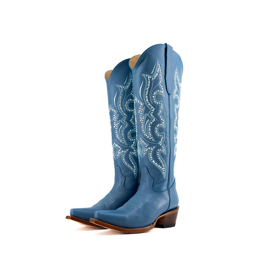 Blue Snip-Toe Rhinestone And Embroidery Half-Zip Knee High Cowgirl Boots