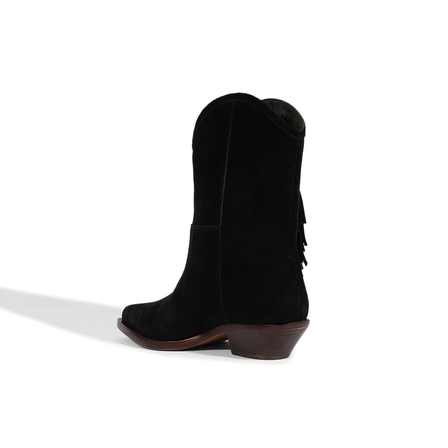 Black Faux Suede Pointed-Toe Side Fringe Mid Calf Cowgirl Boots