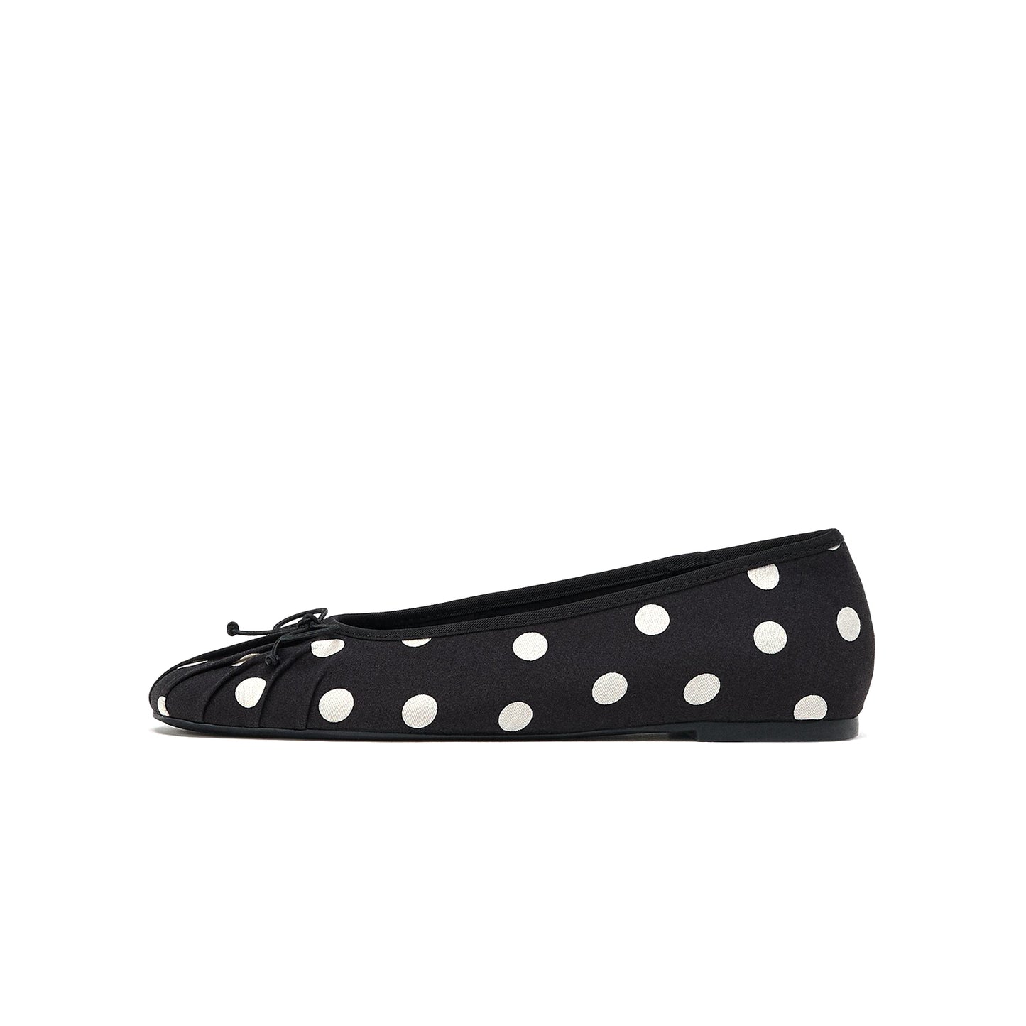 Black Polka Dot Satin Round-Toe Front Bow Ballet Flats