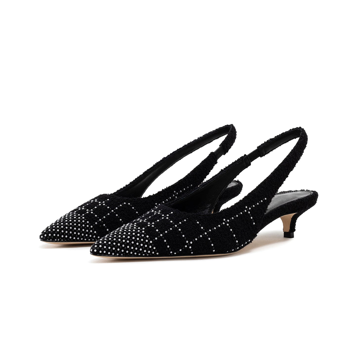 Black Tweed With Pearls Pointed-Toe Slingback Slip-On Kitten Heels