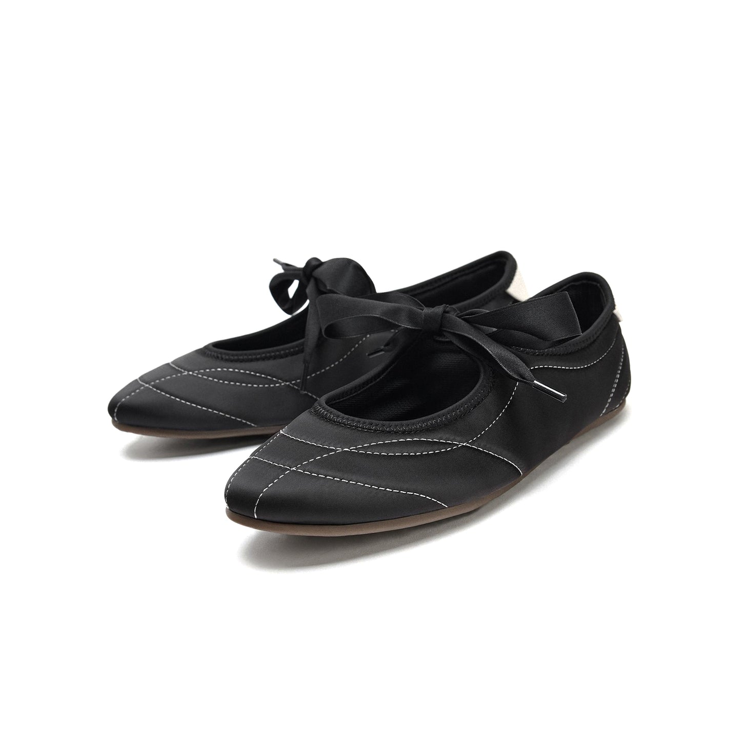 Black Satin Round-Toe Chic Stitch Bridge Strap Flats