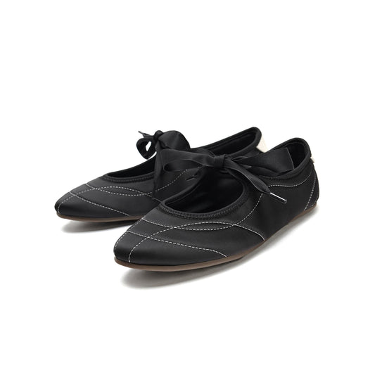 Black Satin Round-Toe Chic Stitch Bridge Strap Flats