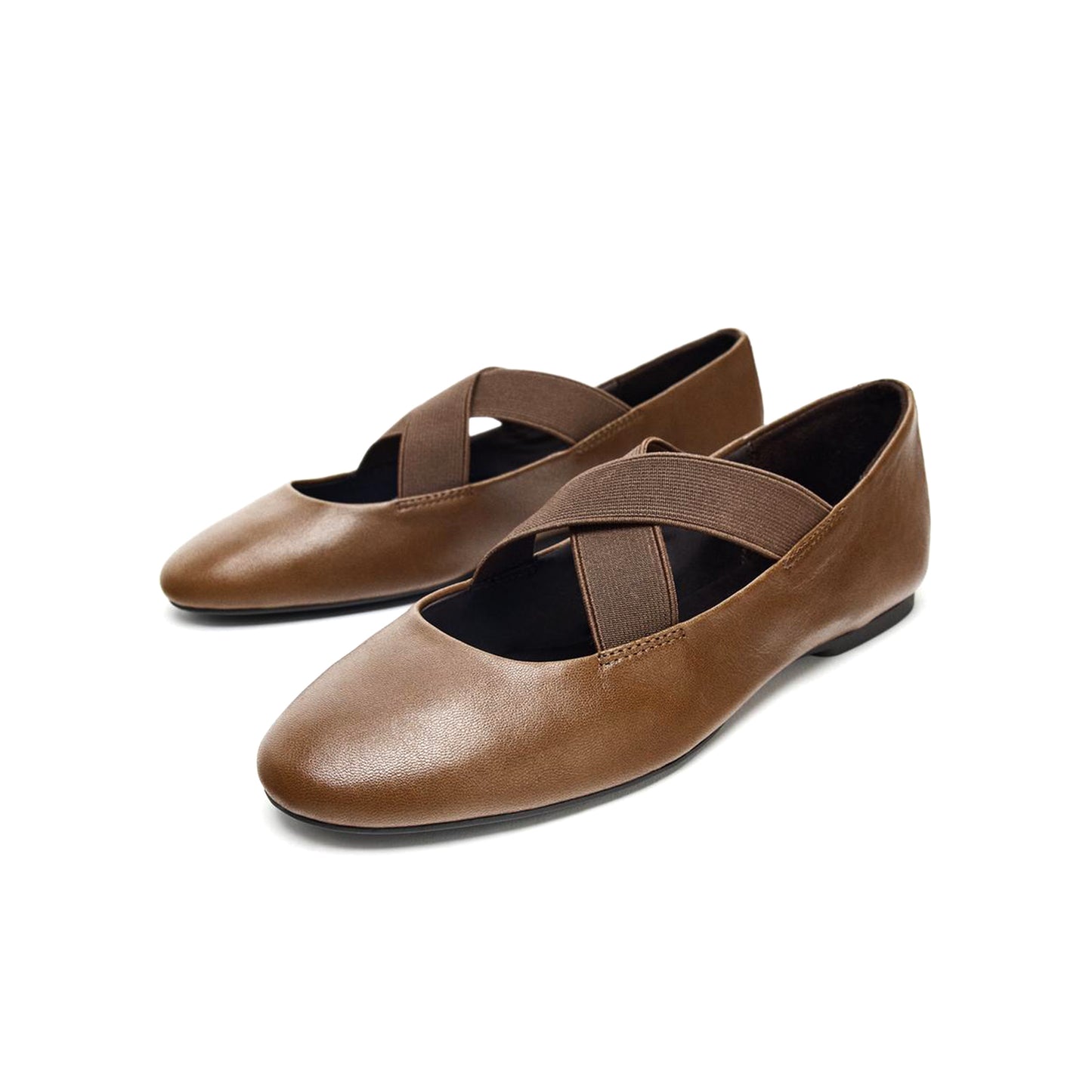 Chocolate Round-Toe Crossed Elastic Straps Ballet Flats