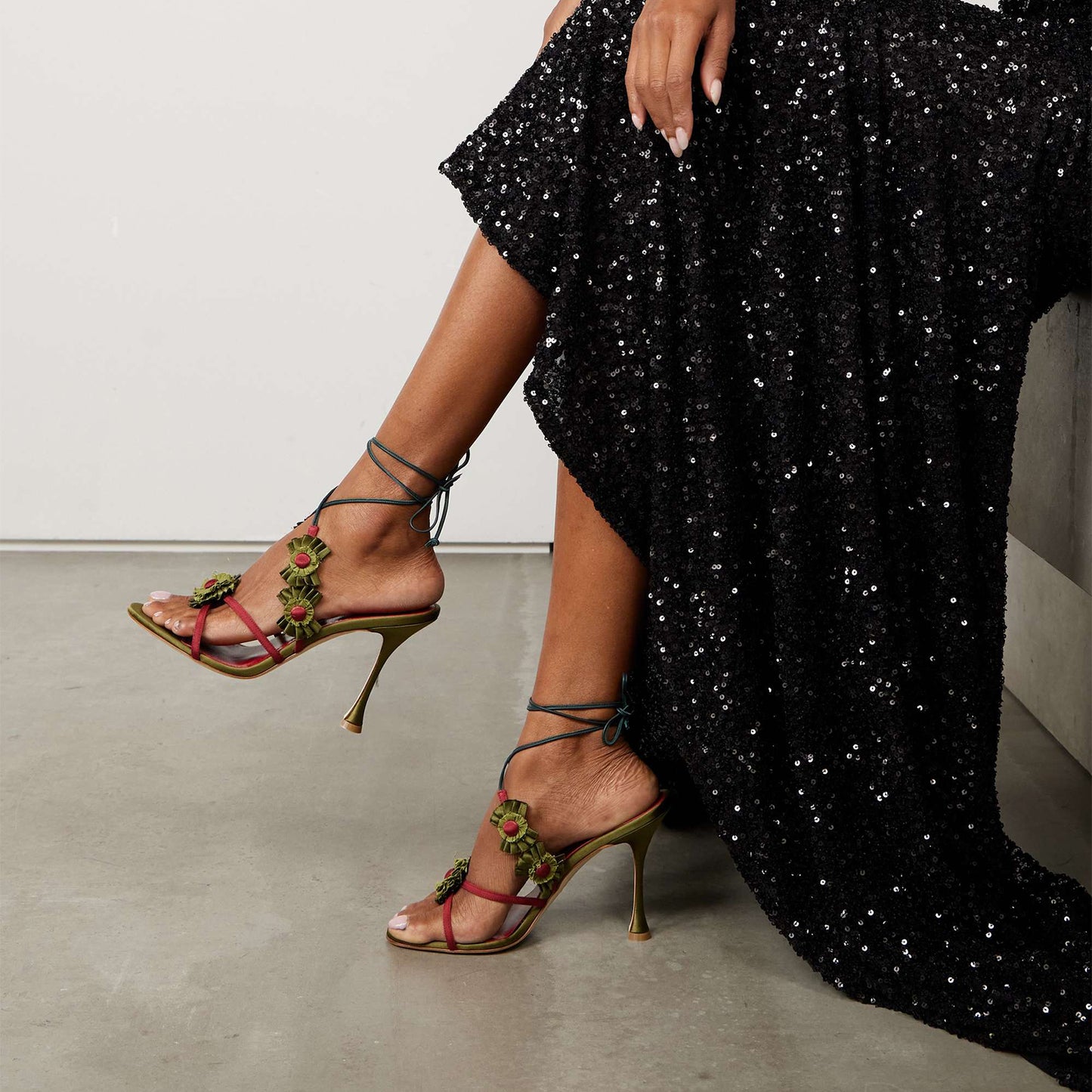 Army Green Satin Round-Toe Strappy With Flowers Detail High Heels