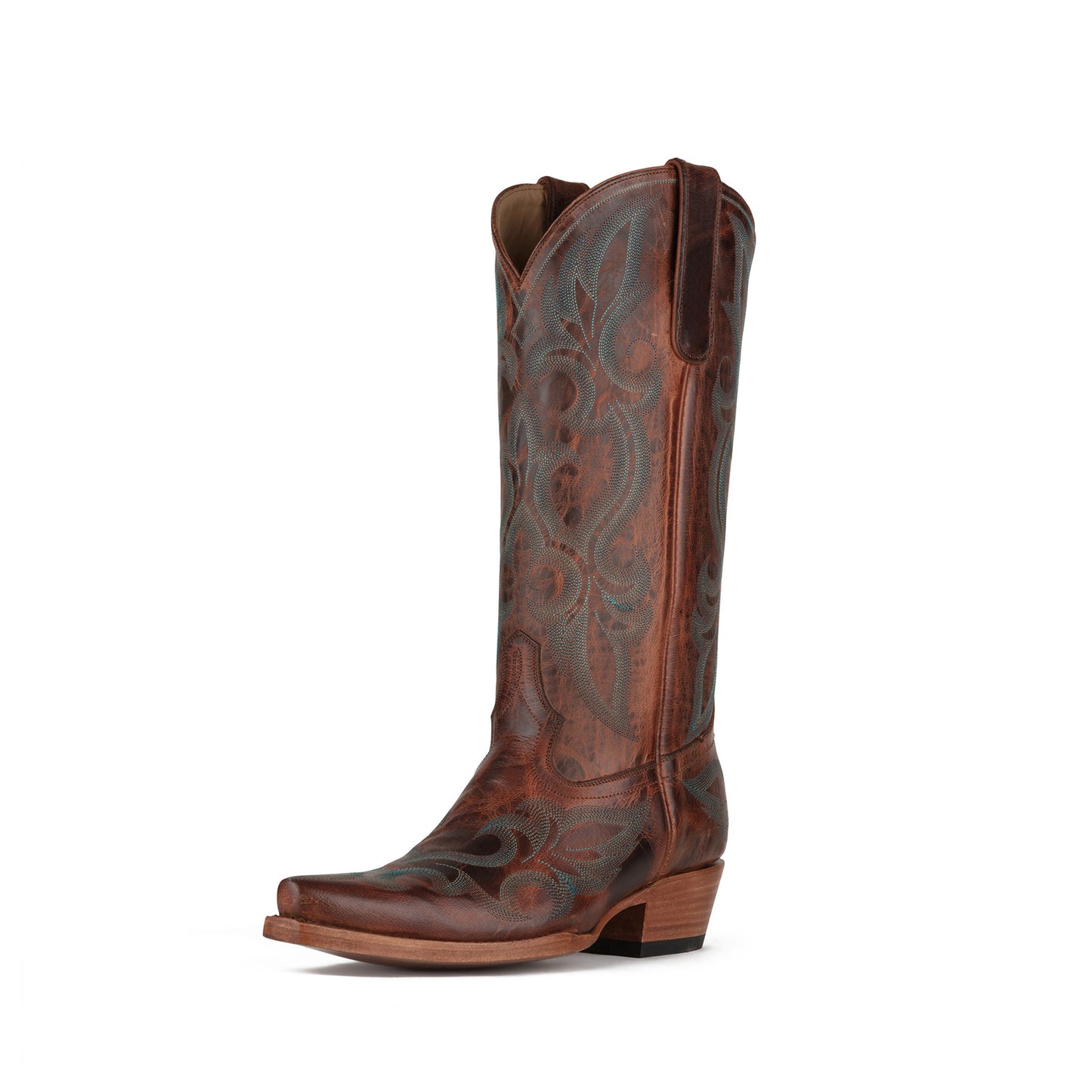 Distressed Cognac Snip-Toe Western Embroidery Classic Mid Calf Cowgirl Boots
