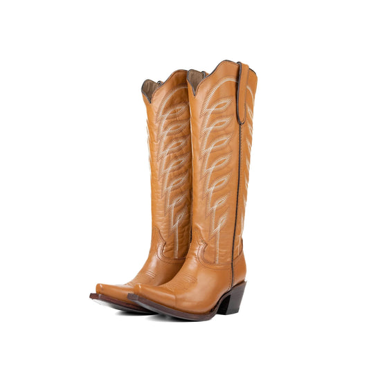 Bronze Snip-Toe Half-Zip Embroidery Knee High Cowgirl Boots