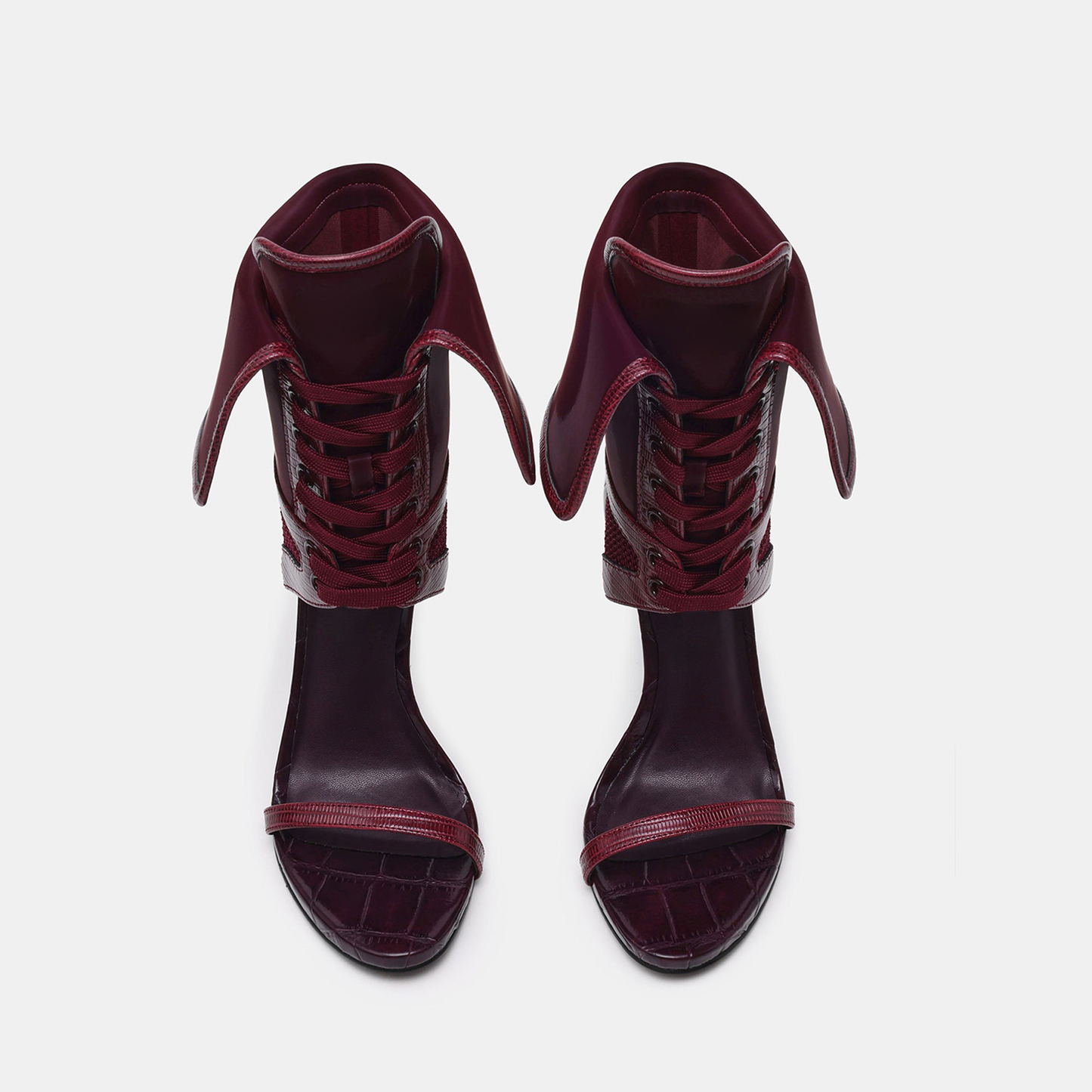 Plum Open Round-Toe Mesh And Lace-Up Shaft Back Design Stiletto High Heels
