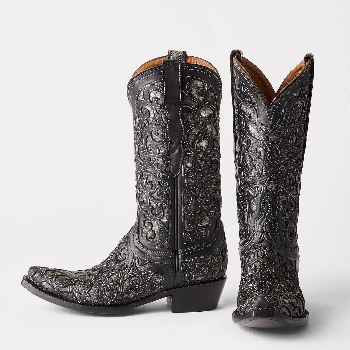 Black Snip-Toe Metallic Silver Inlays Chic Mid Calf Cowgirl Boots