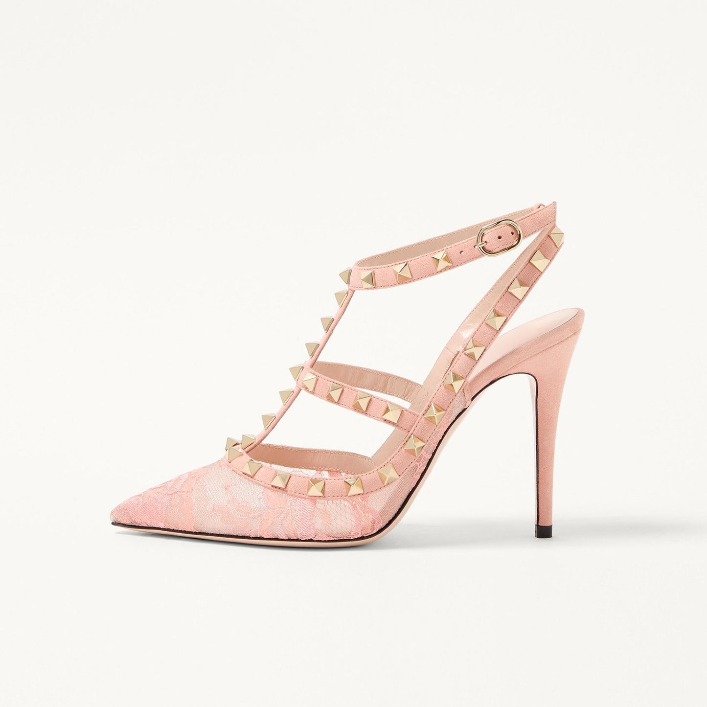 Pink Lace Mesh Pointed-Toe Studded Strappy Slingback High Heels