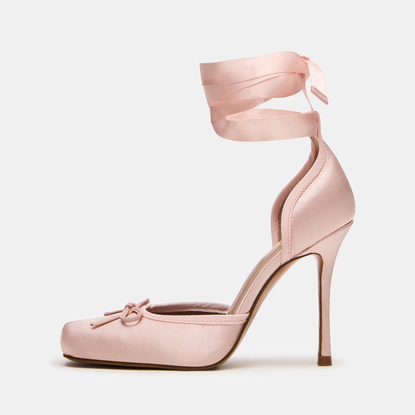 Pink Satin Square-Toe Front Bow Ankle Strap Slip-On High Heels