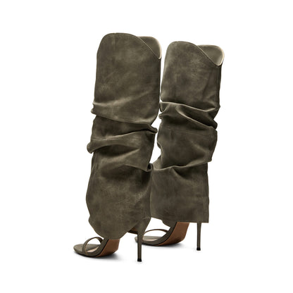 Gray Open Round-Toe Fold-Over Wide Calf Knee High Stiletto Boots