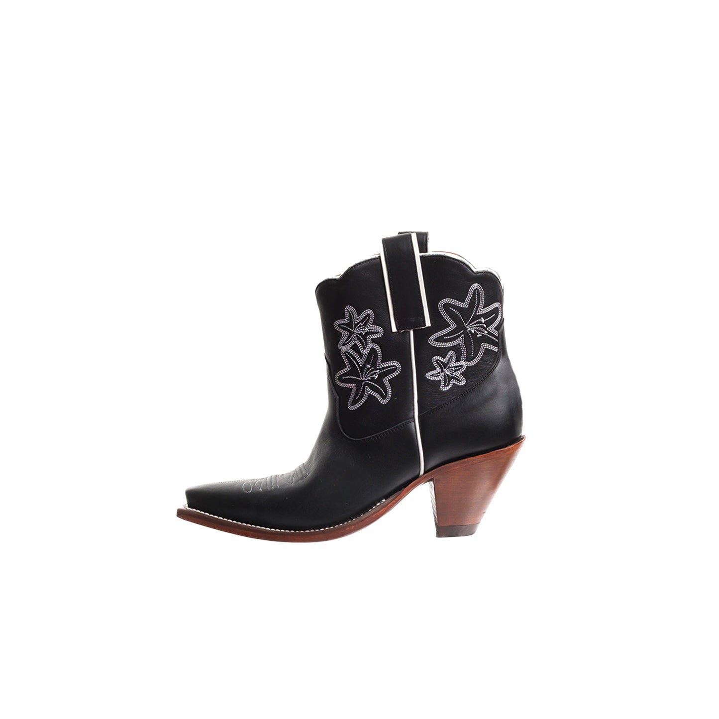 Black Snip-Toe Flowers Embroidery Ankle Cowgirl Boots