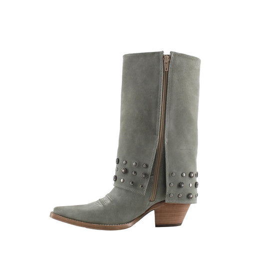 Gray Faux Suede Snip-Toe Studded Fold-Over Full-Zip Mid Calf Cowgirl Boots