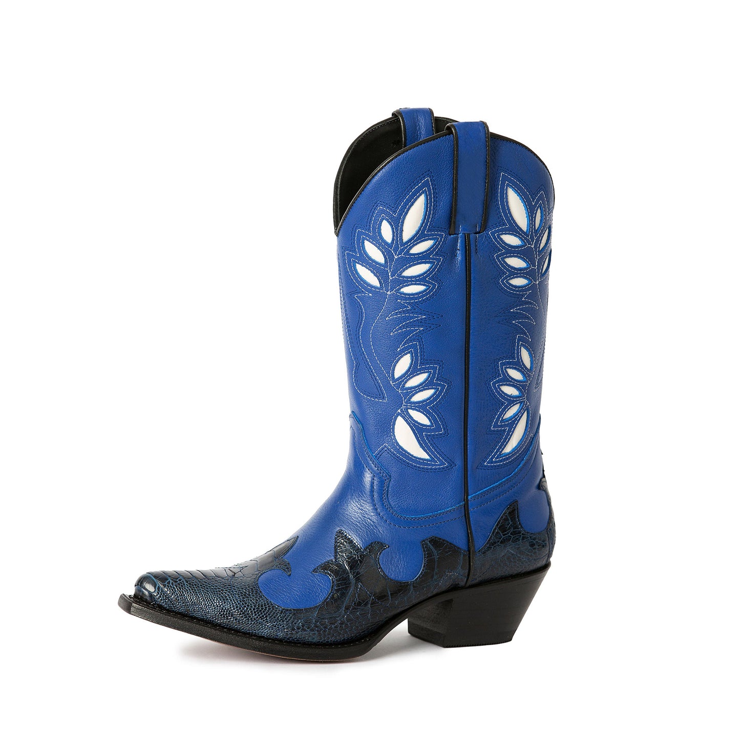 Contrast Blue And Black Snakeskin Print Snip-Toe Inlays Mid Calf Cowgirl Boots