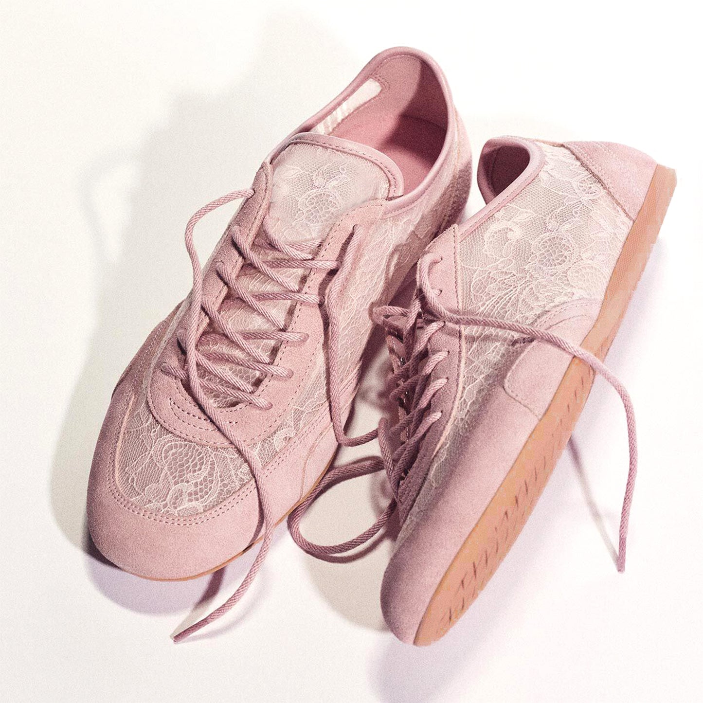 Blush Pink Faux Suede And Lace Mesh Round-Toe Lace-Up Sneakers Flats