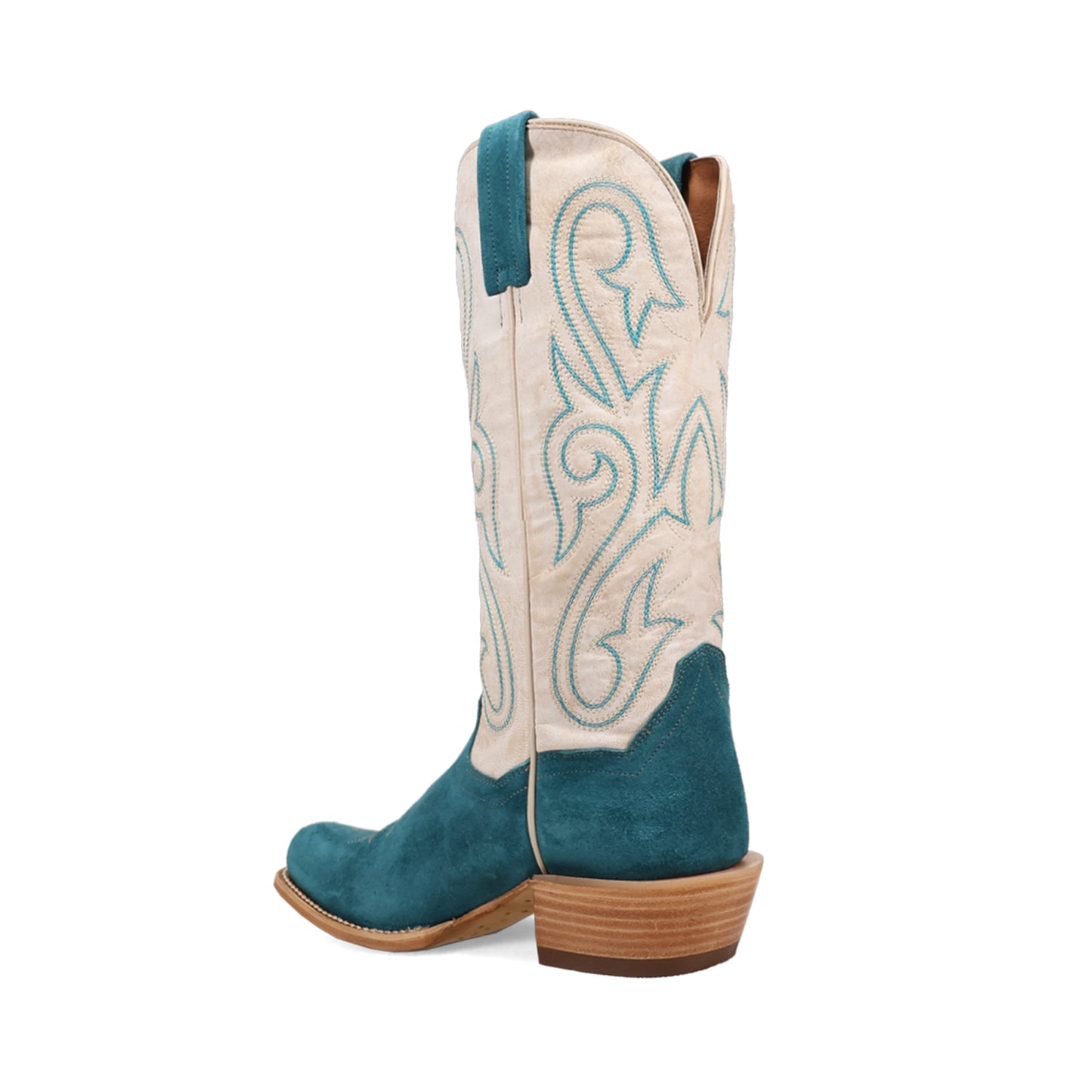 Contrast Ivory Vegan Leather And Turquoise Faux Suede Square-Toe Embroidery Mid Calf Cowgirl Boots