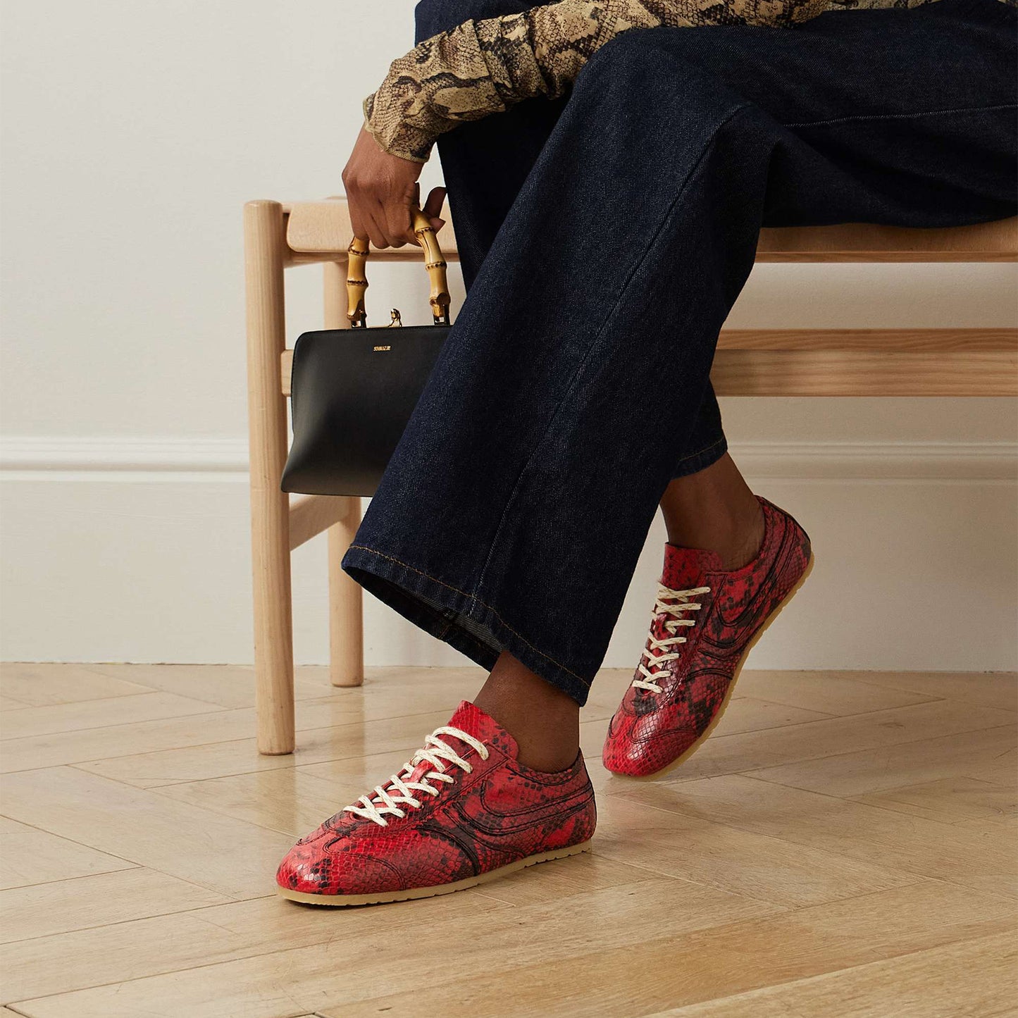 Red Snakeskin Print Vegan Leather Square-Toe Lace-Up Sneakers Flats
