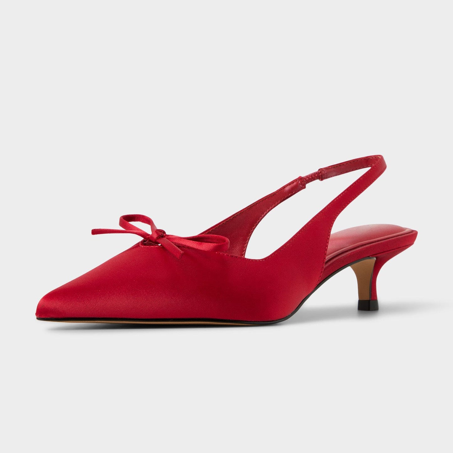 Red Satin Pointed-Toe Front Bow Classic Back Strap Kitten Heels