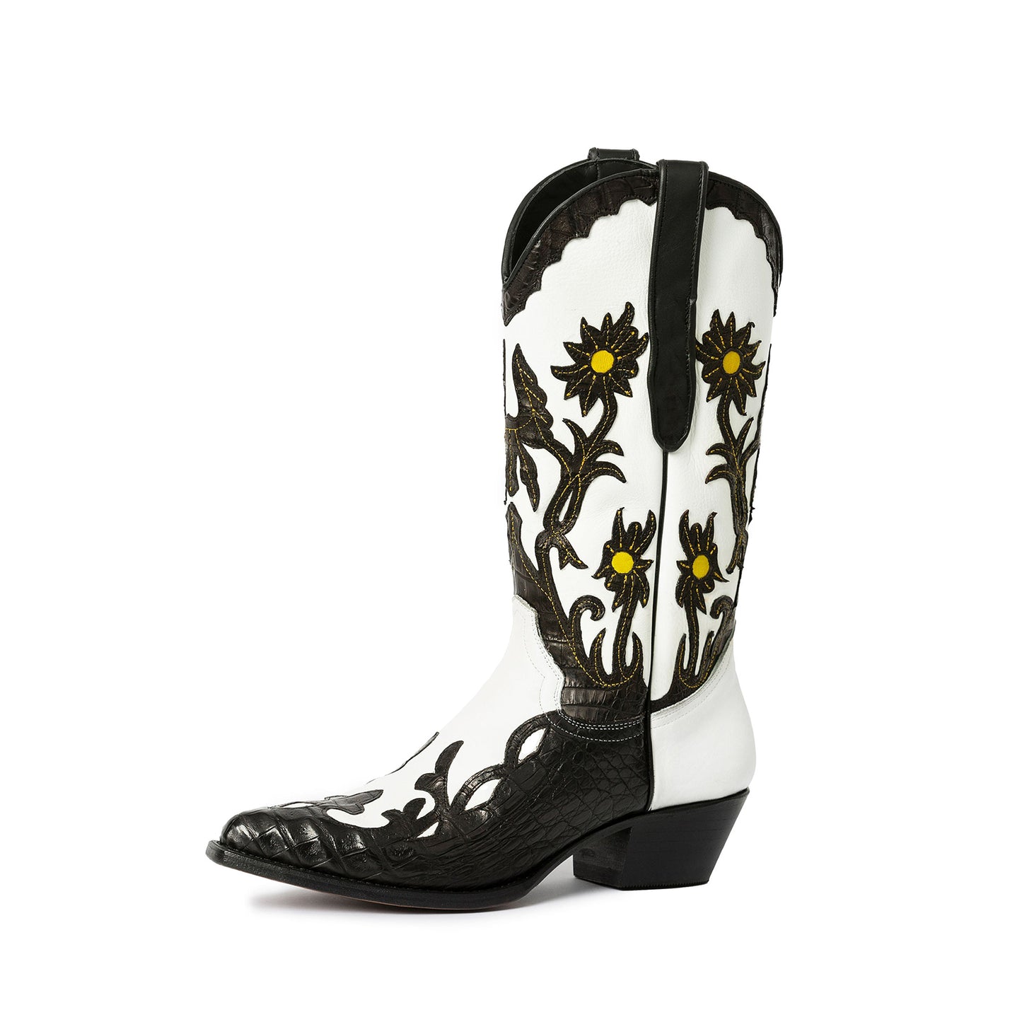 White Almond-Toe Flowers And Crocodile Print Appliques Mid Calf Cowgirl Boots