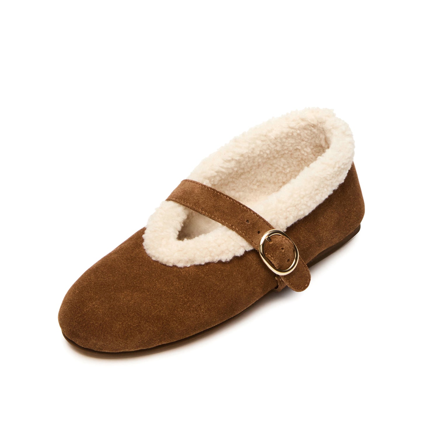 Brown Faux Suede Round-Toe Mary Jane Ballet Flats With Plush