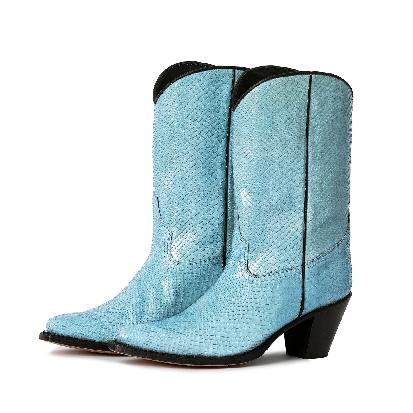 Blue Snakeskin Print Almond-Toe Chic Mid Calf Cowgirl Boots
