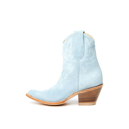 Light Blue Faux Suede Almond-Toe Embroidery Ankle Cowgirl Boots