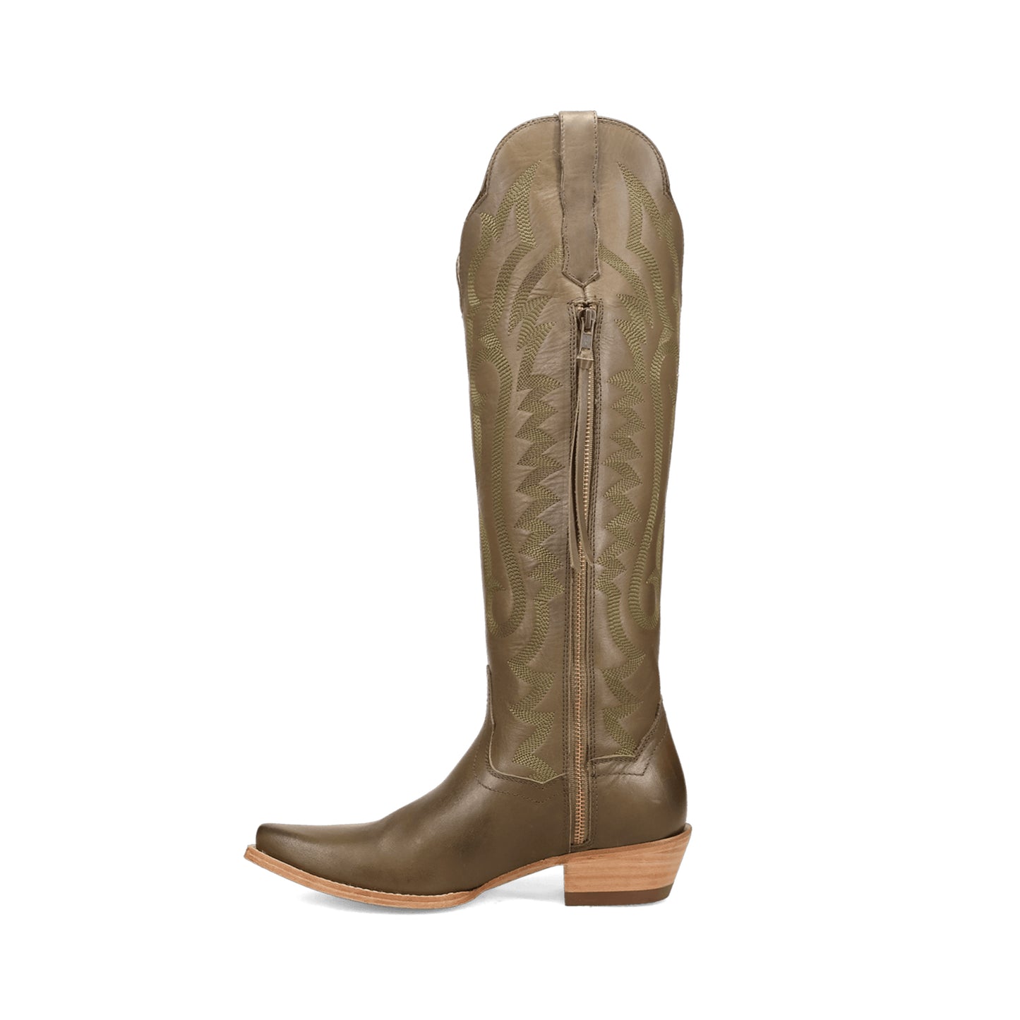 Olive Green Snip-Toe Grace Embroidery Half-Zip Knee High Cowgirl Boots