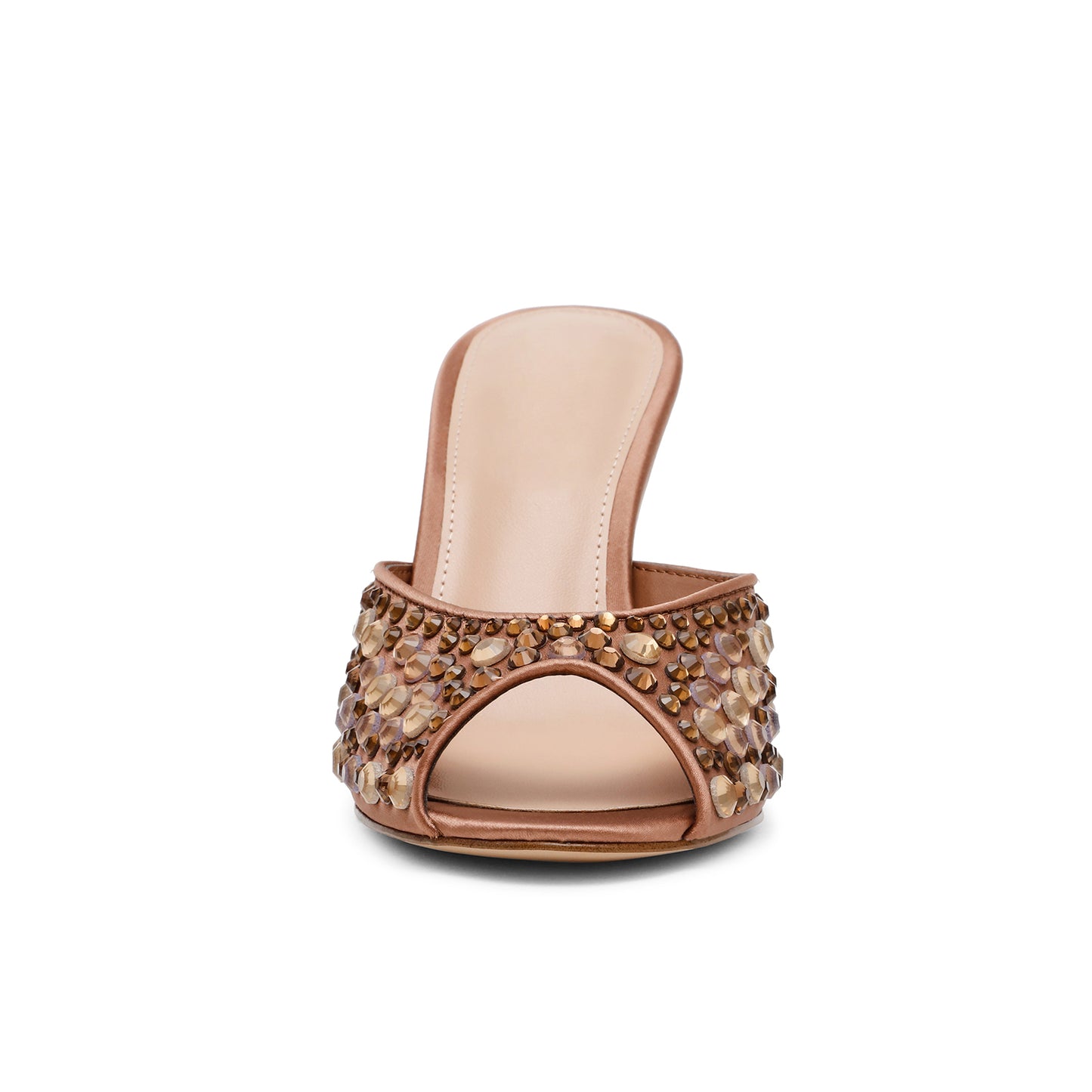 Bronze Satin Open Almond-Toe Rhinestone Backless High Heels