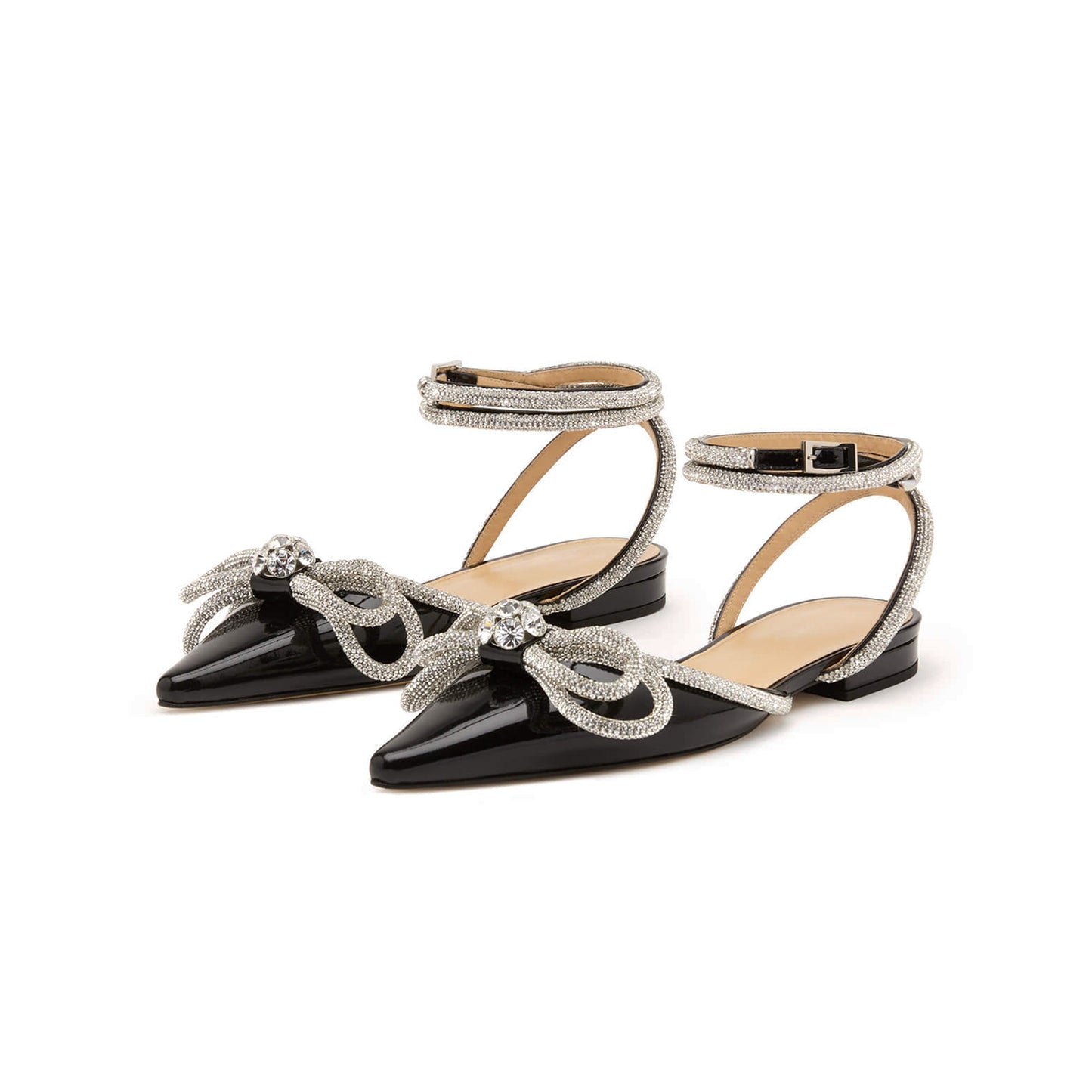 Patent Black Pointed-Toe Glitter Double Bow With Rhinestones Ankle Strap Flats