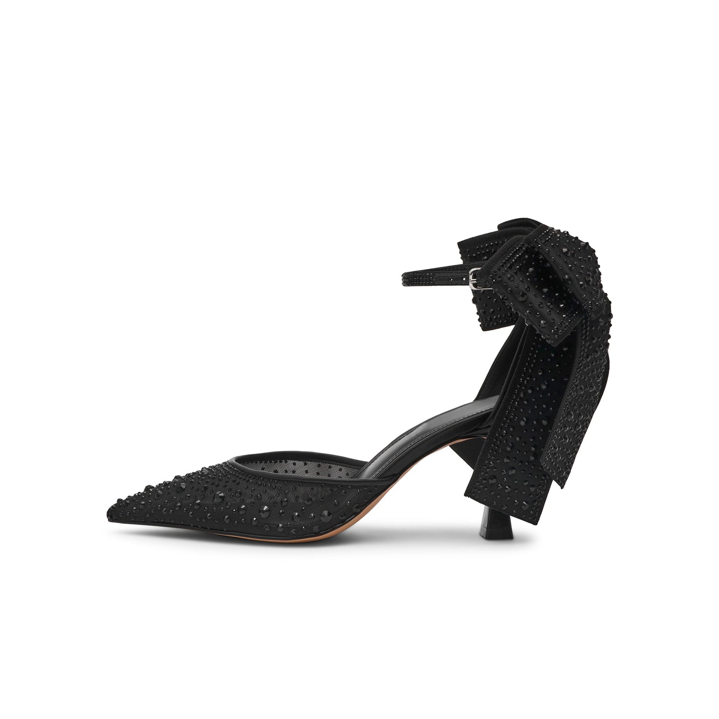 Black Crystals Satin Pointed-Toe Ankle Strap With Bow Pumps