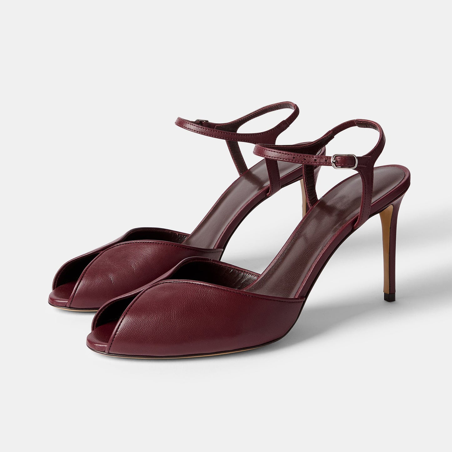 Burgundy Peep Round-Toe Slingback And Ankle Strap Chic High Heels