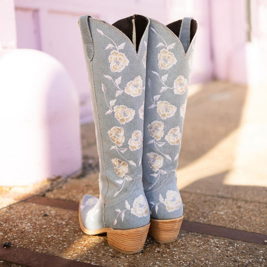 Light Blue Denm Pointed-Toe Floral Embroidery Full-Zip Knee High Cowgirl Boots