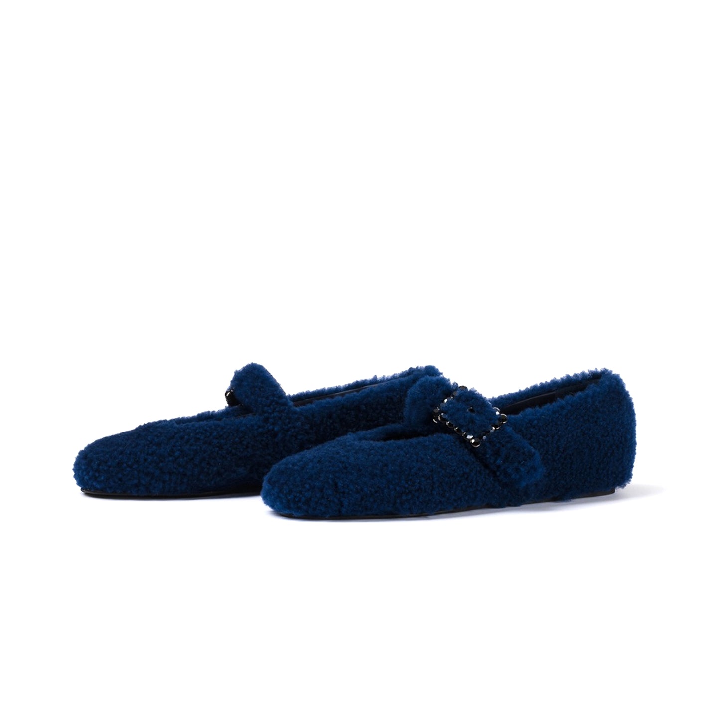 Blue Full Plush Square-Toe Bridge Strap Ballet Flats
