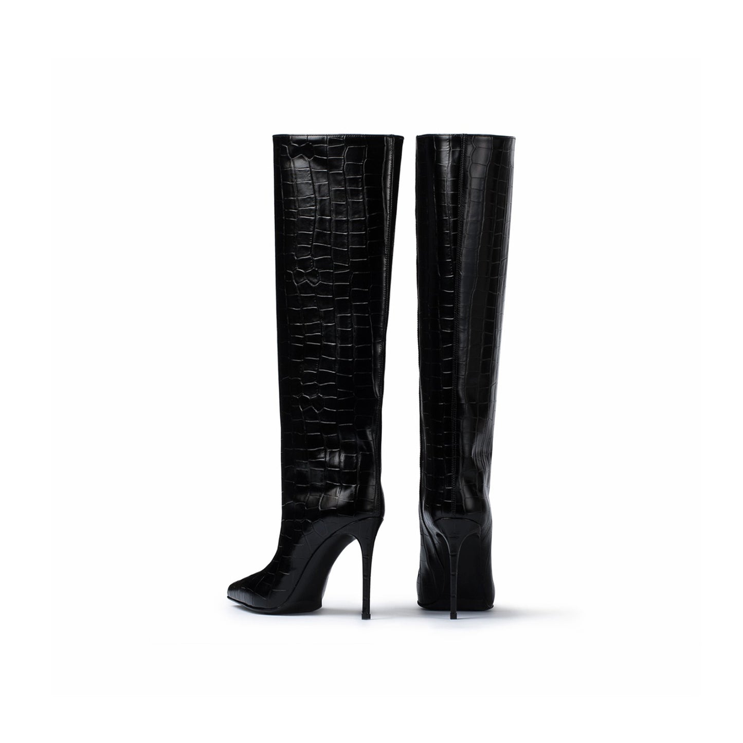 Black Crocodile-Print Pointed-Toe Simple Wide Calf Knee High Tall Stiletto Boots