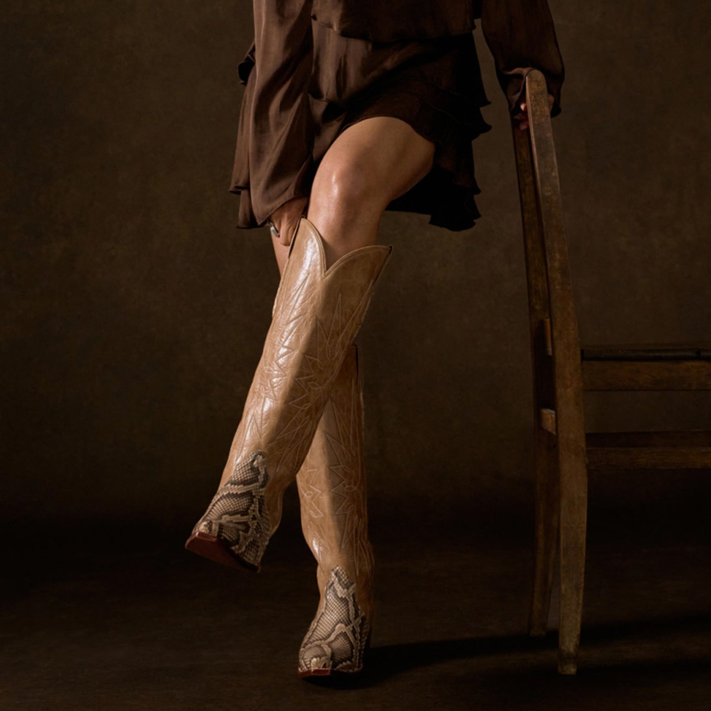 Tan And Snakeskin Pattern Snip-Toe Embroidery Wide Calf Knee High Cowgirl Boots