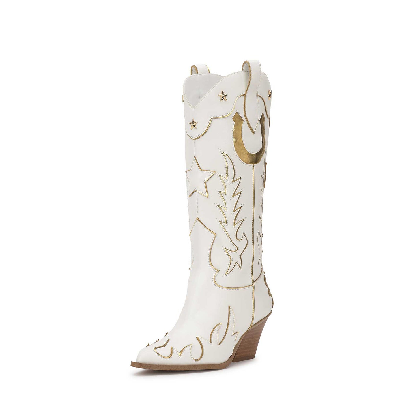 White Almond-Toe Horseshoe Inlay Star Studs And Applique Mid Calf Cowgirl Boots